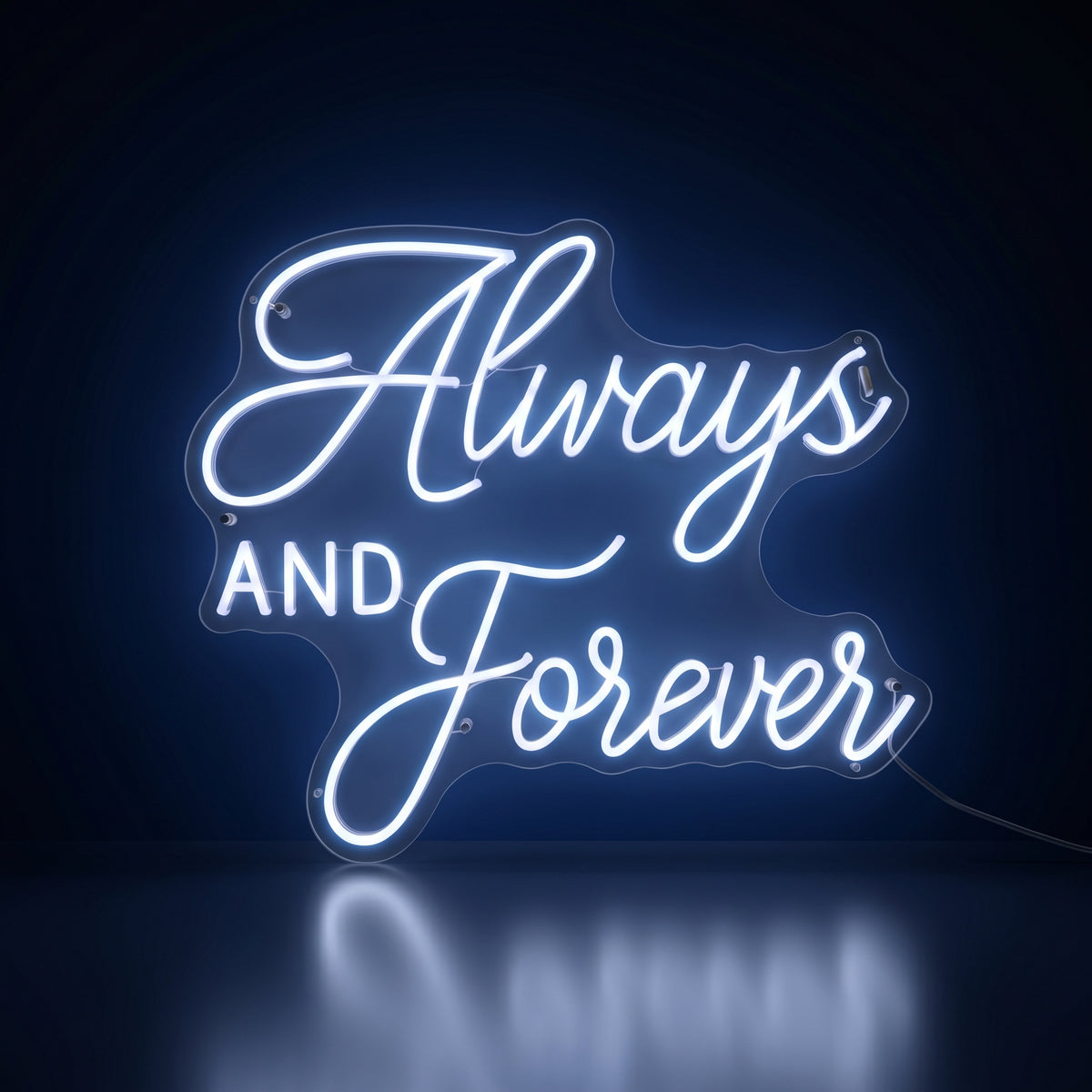 Always and Forever white LED neon sign glowing in a dark room