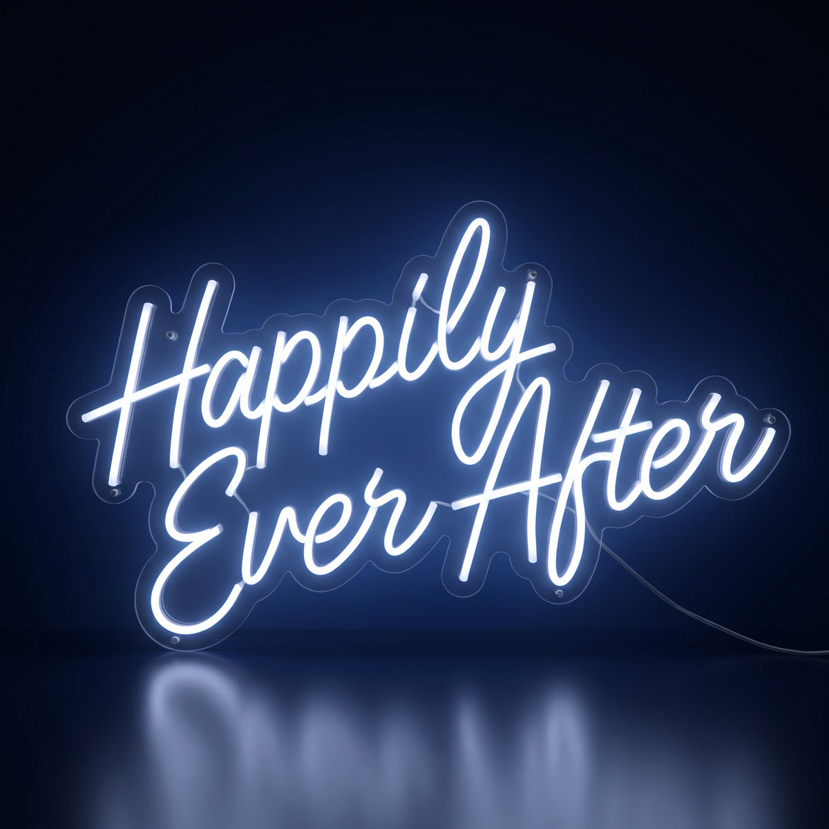 Happily Ever After white LED neon sign glowing in a dark room