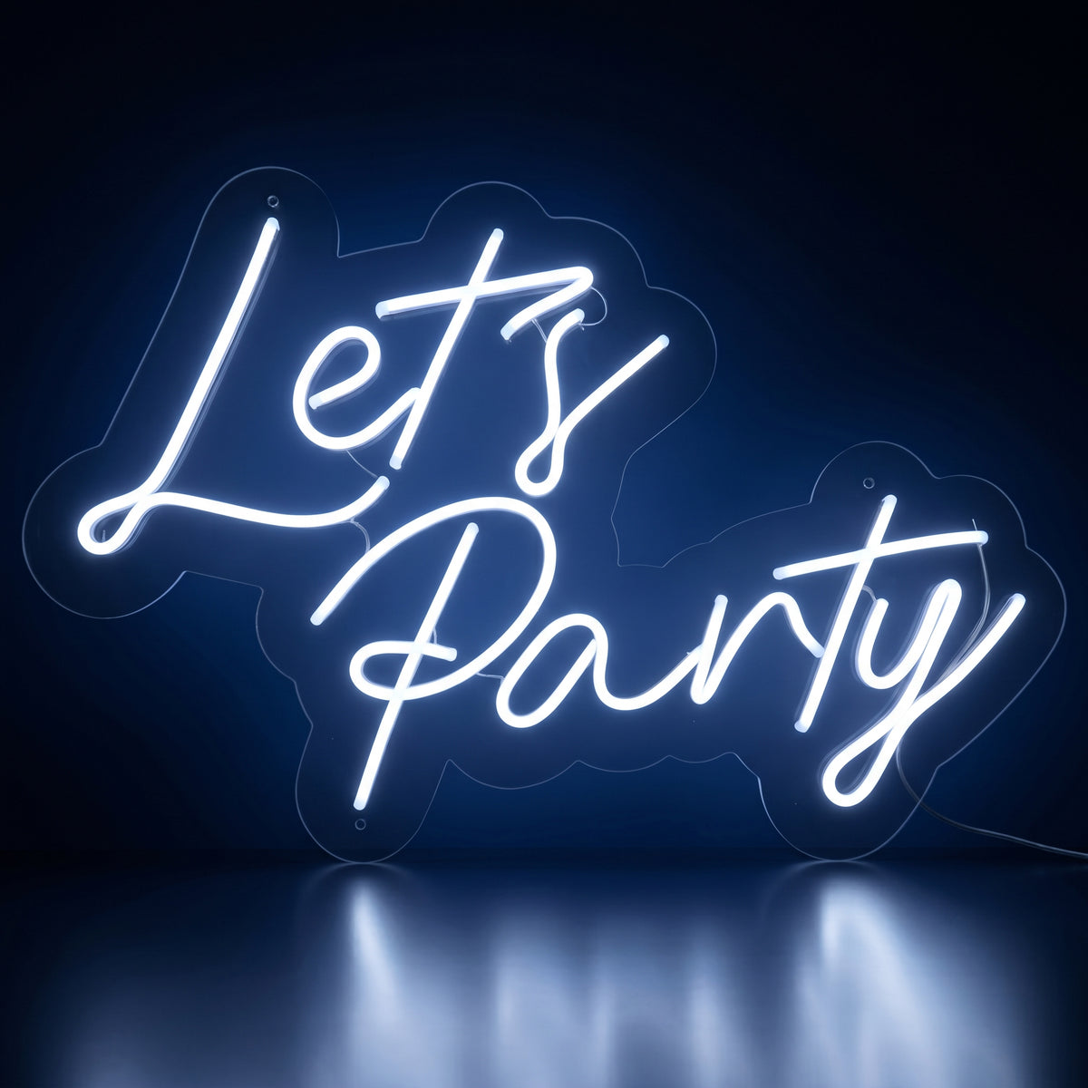 Let's Party white LED neon sign glowing in a dark room