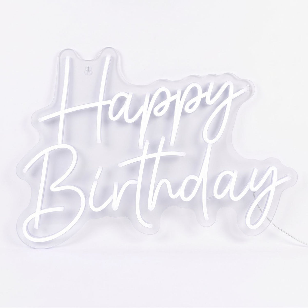 Happy Birthday white LED neon sign on clear acrylic
