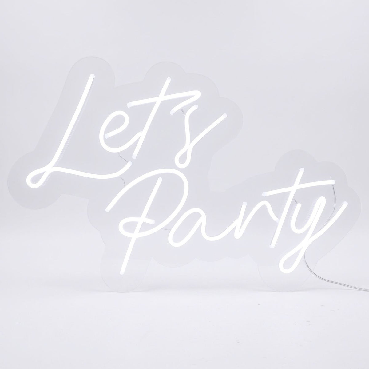 Let's Party white LED neon sign on clear acrylic