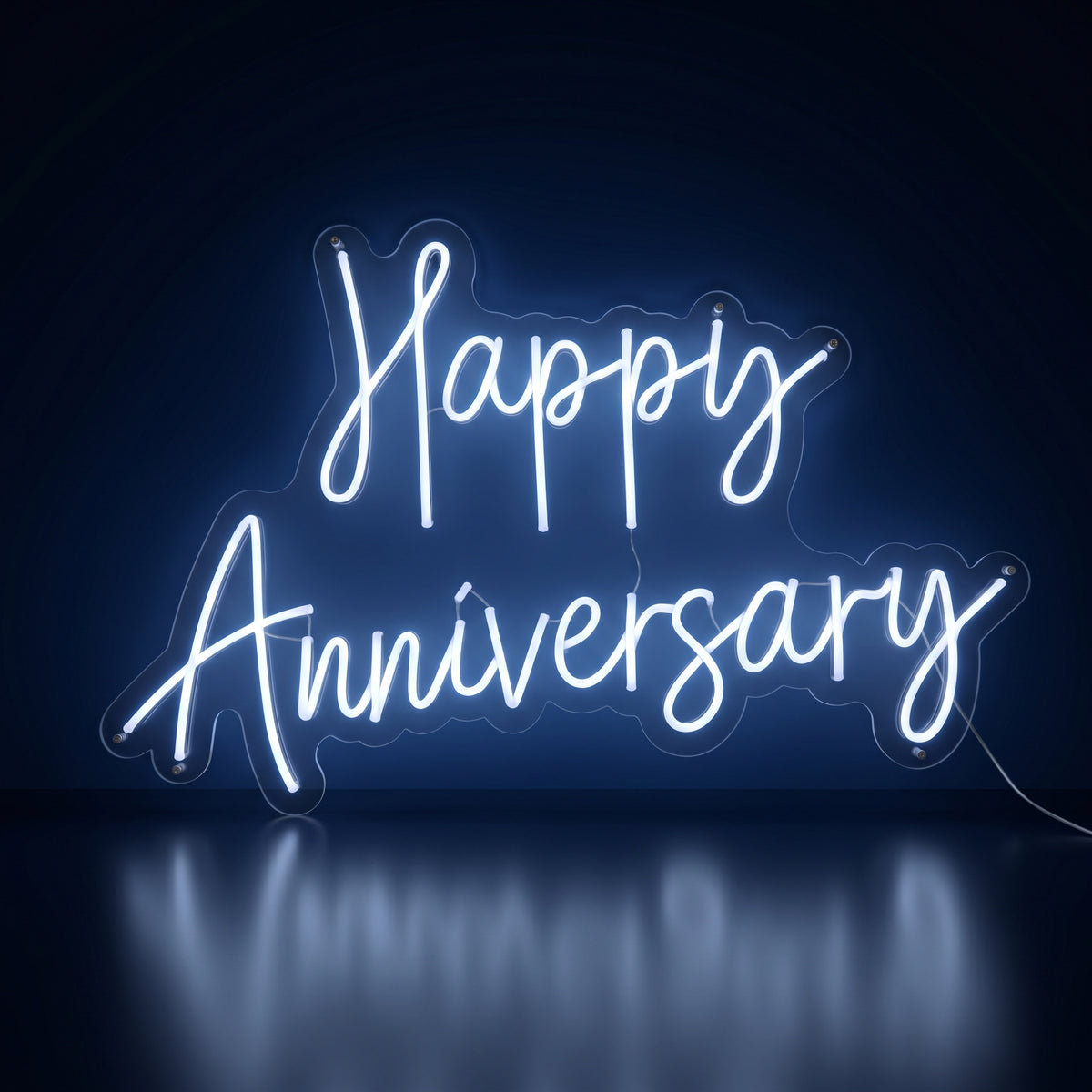 Happy Anniversary white LED neon sign glowing in a dark room